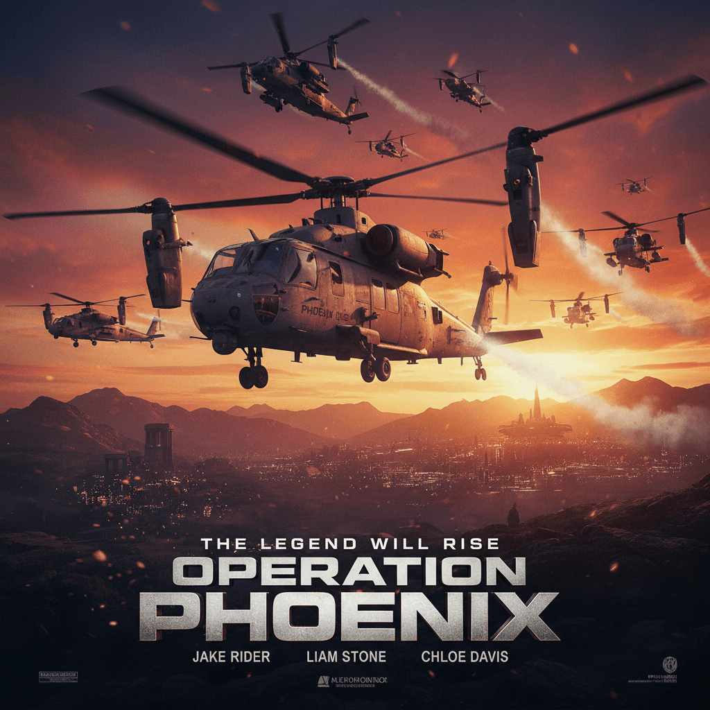 Cinematic movie poster with dramatic lighting and city skyline